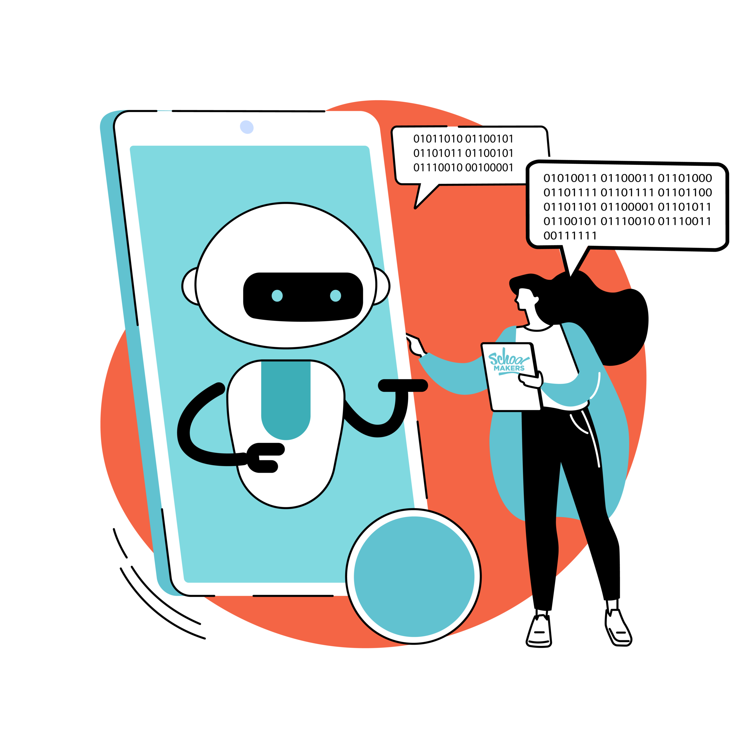 Persoon in gesprek met een chatbot. Binair systeem. Artificiële intelligentie.