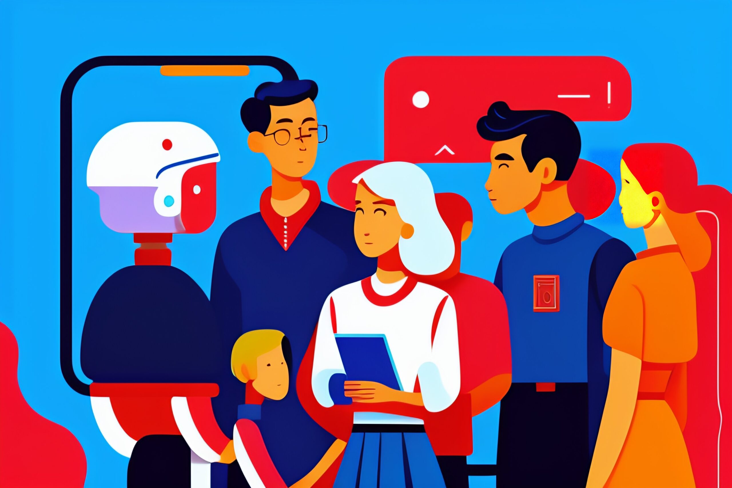 Klas in gesprek met artificiële intelligentie. School. Onderwijs van morgen. AI in onderwijs.