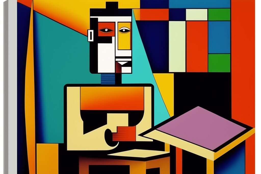Afbeelding in de stijl van Picasso, waarbij een robot tekenles geeft.