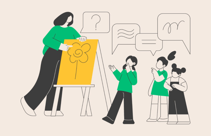 stilistische illustratie van een leerkracht en twee kinderen in een klas