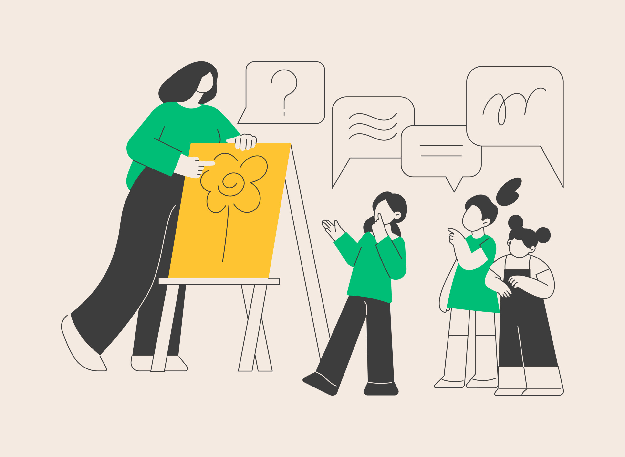 stilistische illustratie van een leerkracht en twee kinderen in een klas
